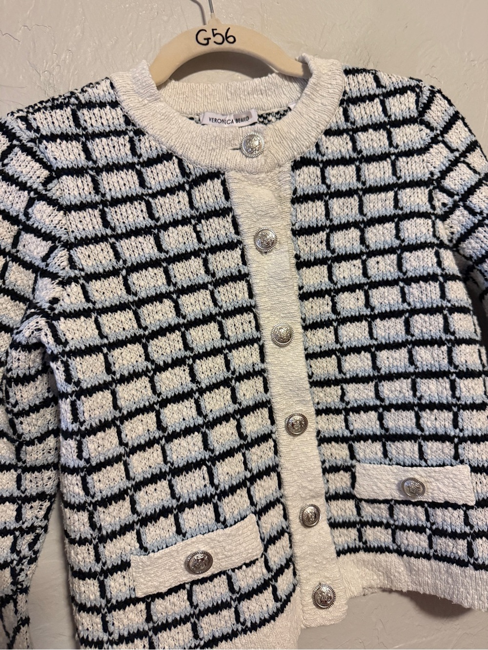 Veronica Beard Lavigne Check Knit Sweater Jacket in Blue & White Tweed Cardigan - Picture 7 of 9